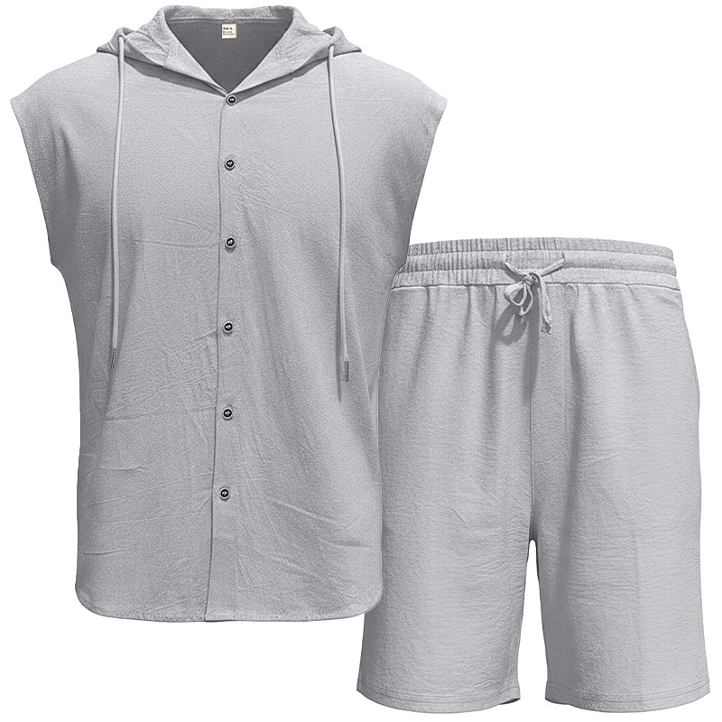 Men's Clothing Clothing Sets Two-Piece Outfits Men's Linen Hooded Sleeveless Solid Color Button Placket Large Loose Breathable Summer Sports Set