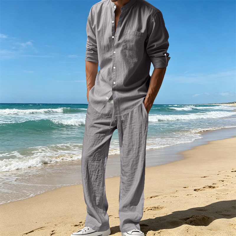 Men's Clothing Sets Two-Piece Outfits Men's Linen Stand-Up Collar Loose Breathable Shirt Pants Set for Casual Commuting
