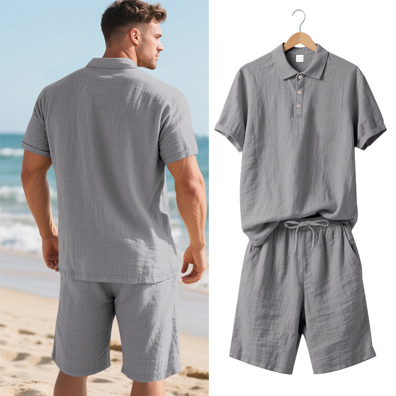 Men's Clothing Sets Two-Piece Outfits Summer Men's Loose Casual Linen Breathable Polo Shirt Short Sleeved Beach Shorts Set