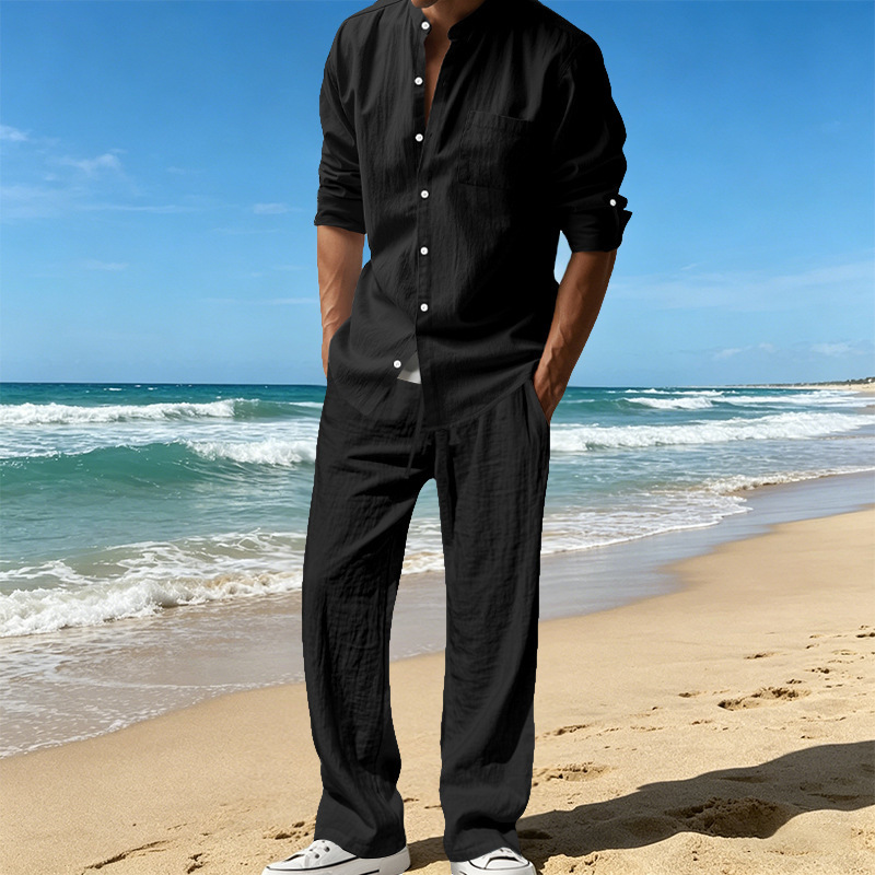 Men's Clothing Sets Two-Piece Outfits Men's Linen Stand-Up Collar Loose Breathable Shirt Pants Set for Casual Commuting