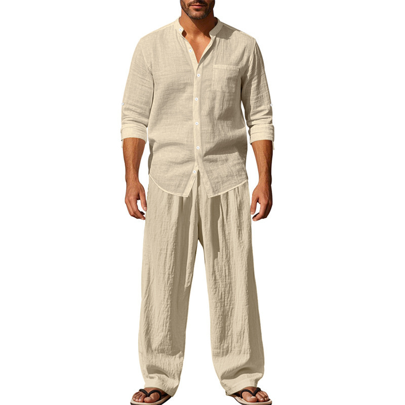Men's Clothing Sets Two-Piece Outfits Men's Linen Stand-Up Collar Loose Breathable Shirt Pants Set for Casual Commuting