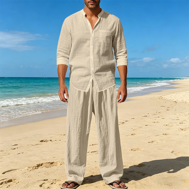 Men's Clothing Sets Two-Piece Outfits Men's Linen Stand-Up Collar Loose Breathable Shirt Pants Set for Casual Commuting