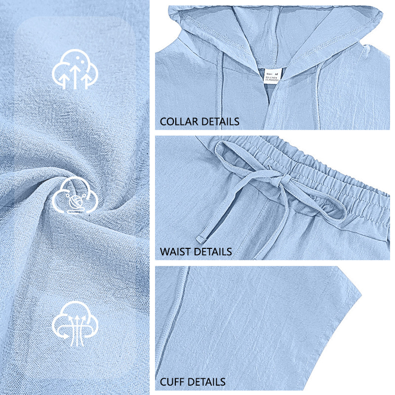 Men's Clothing Clothing Sets Two-Piece Outfits Men's Linen Hooded Sleeveless Solid Color Button Placket Large Loose Breathable Summer Sports Set