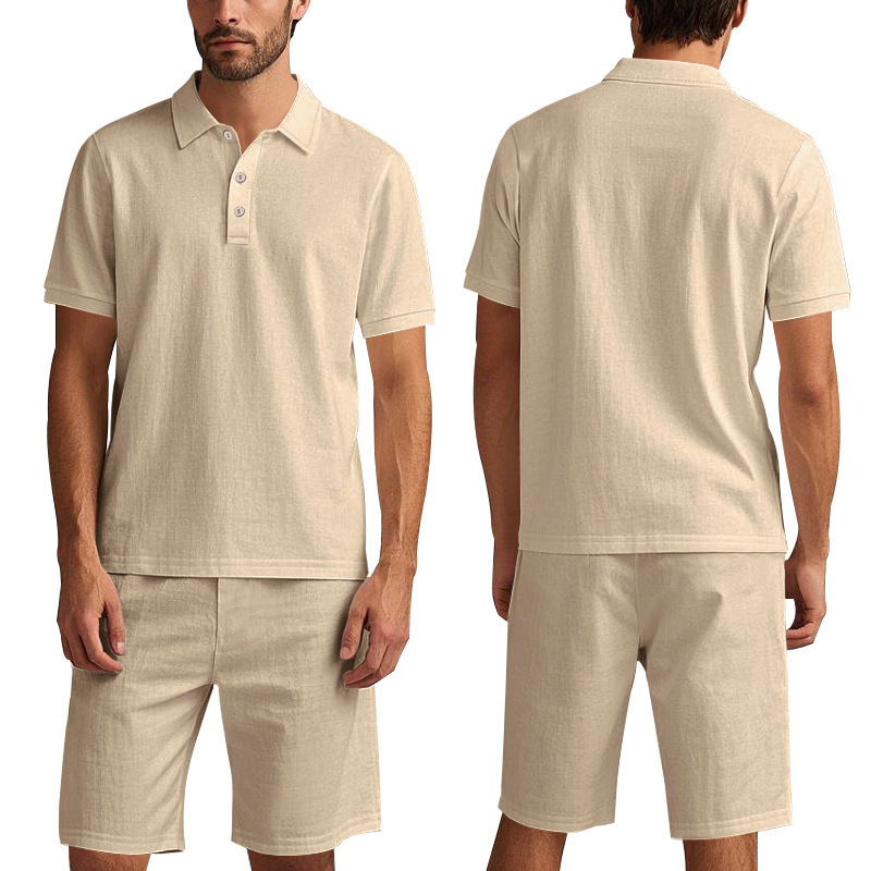 Men's Clothing Sets Two-Piece Outfits Summer Men's Loose Casual Linen Breathable Polo Shirt Short Sleeved Beach Shorts Set