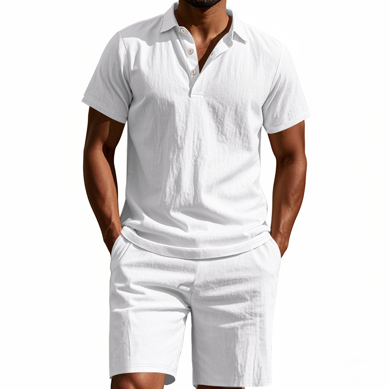 Men's Clothing Sets Two-Piece Outfits Summer Men's Loose Casual Linen Breathable Polo Shirt Short Sleeved Beach Shorts Set