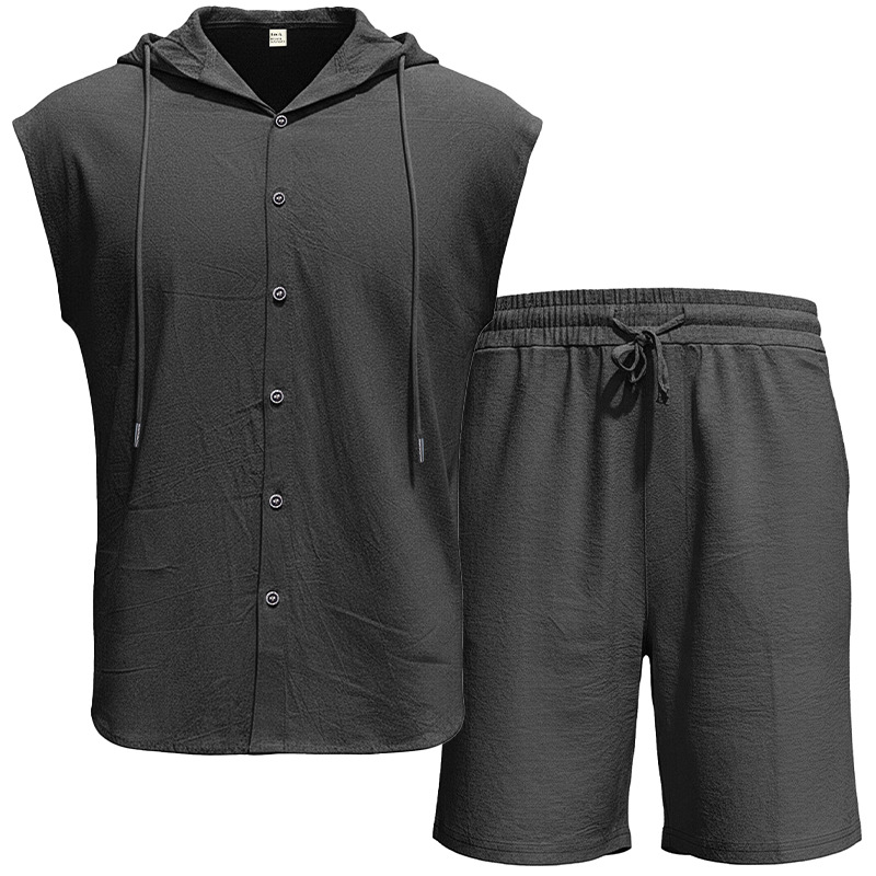 Men's Clothing Clothing Sets Two-Piece Outfits Men's Linen Hooded Sleeveless Solid Color Button Placket Large Loose Breathable Summer Sports Set