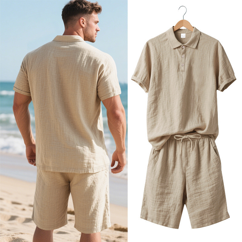 Men's Clothing Sets Two-Piece Outfits Summer Men's Loose Casual Linen Breathable Polo Shirt Short Sleeved Beach Shorts Set
