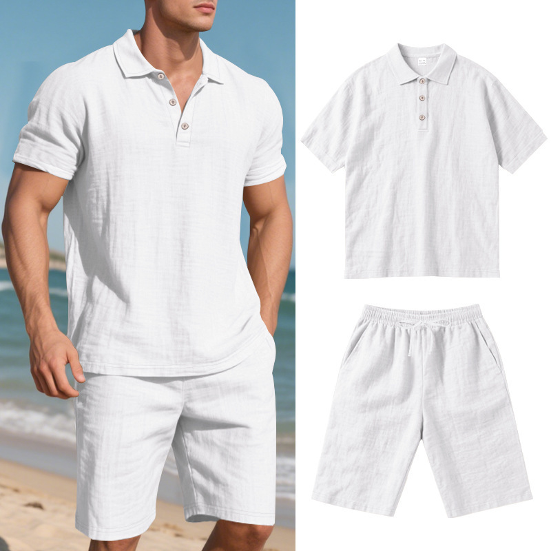 Men's Clothing Sets Two-Piece Outfits Summer Men's Loose Casual Linen Breathable Polo Shirt Short Sleeved Beach Shorts Set