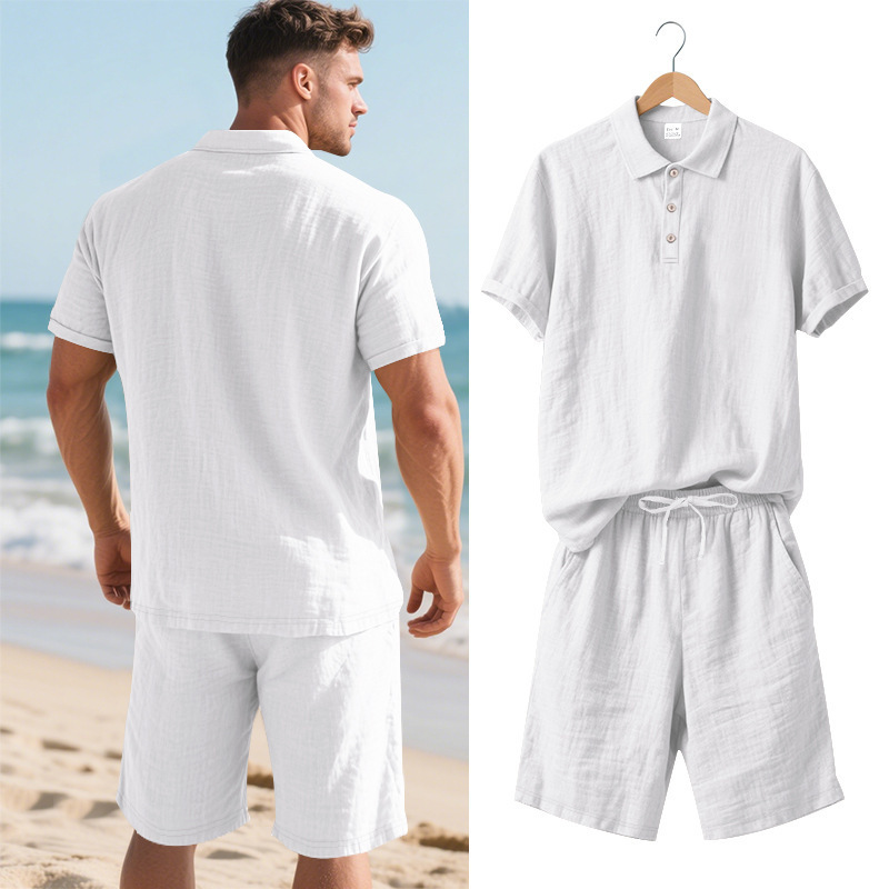 Men's Clothing Sets Two-Piece Outfits Summer Men's Loose Casual Linen Breathable Polo Shirt Short Sleeved Beach Shorts Set