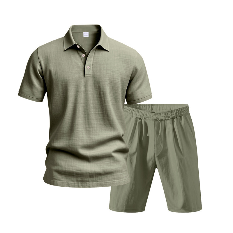 Men's Clothing Sets Two-Piece Outfits Summer Men's Loose Casual Linen Breathable Polo Shirt Short Sleeved Beach Shorts Set