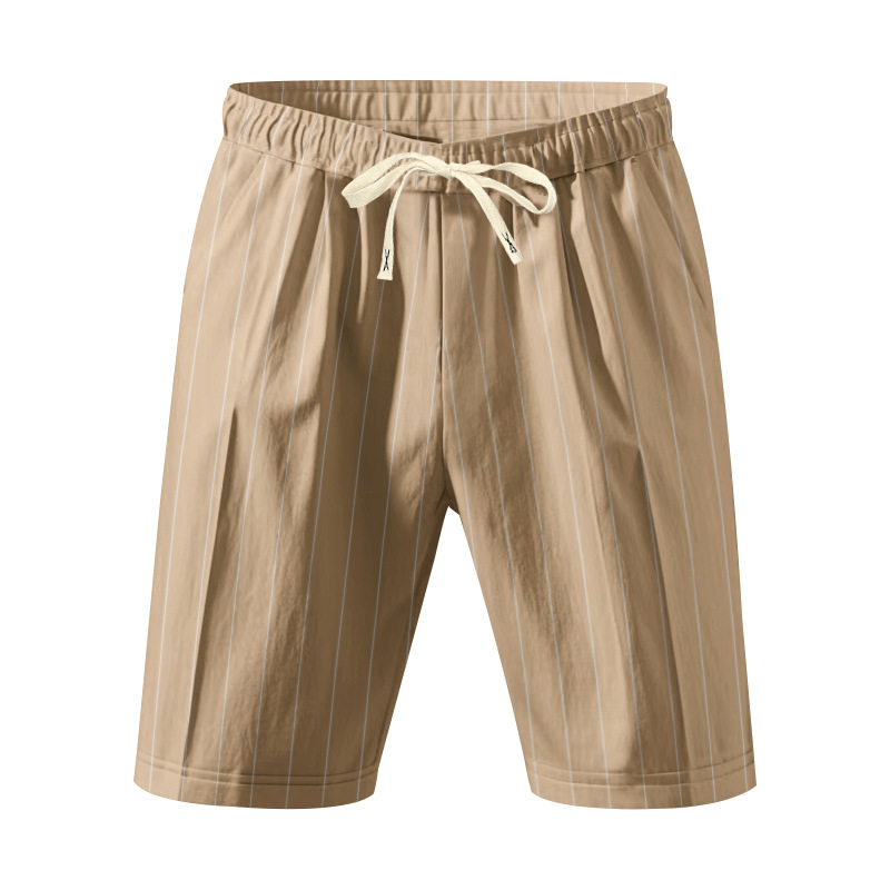 Summer Men's Striped Solid-Color Drawstring Elastic Waist Straight Casual Mid-length Pants Shorts for Men