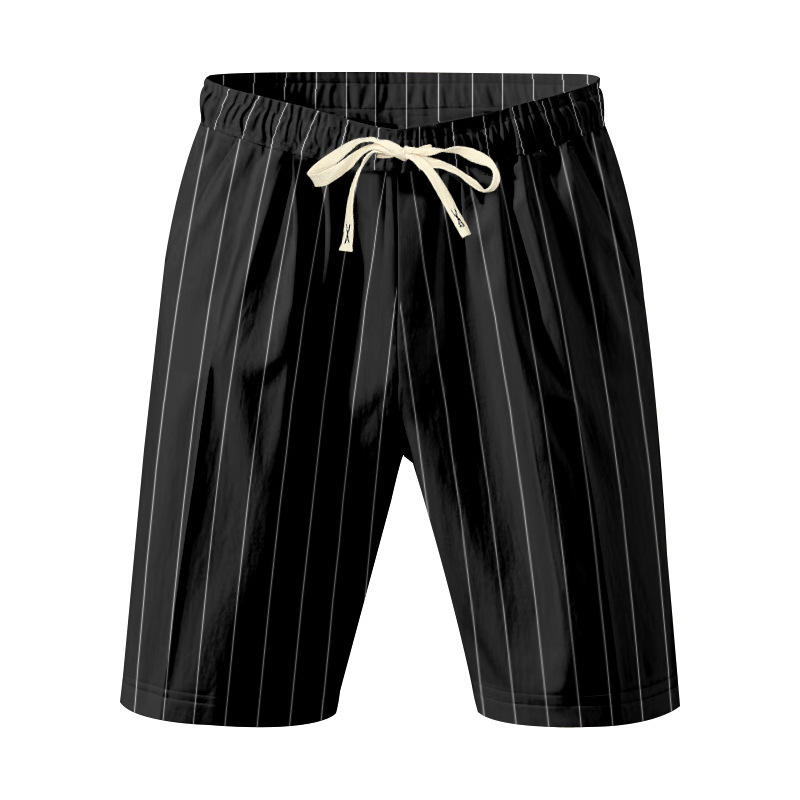 Summer Men's Striped Solid-Color Drawstring Elastic Waist Straight Casual Mid-length Pants Shorts for Men