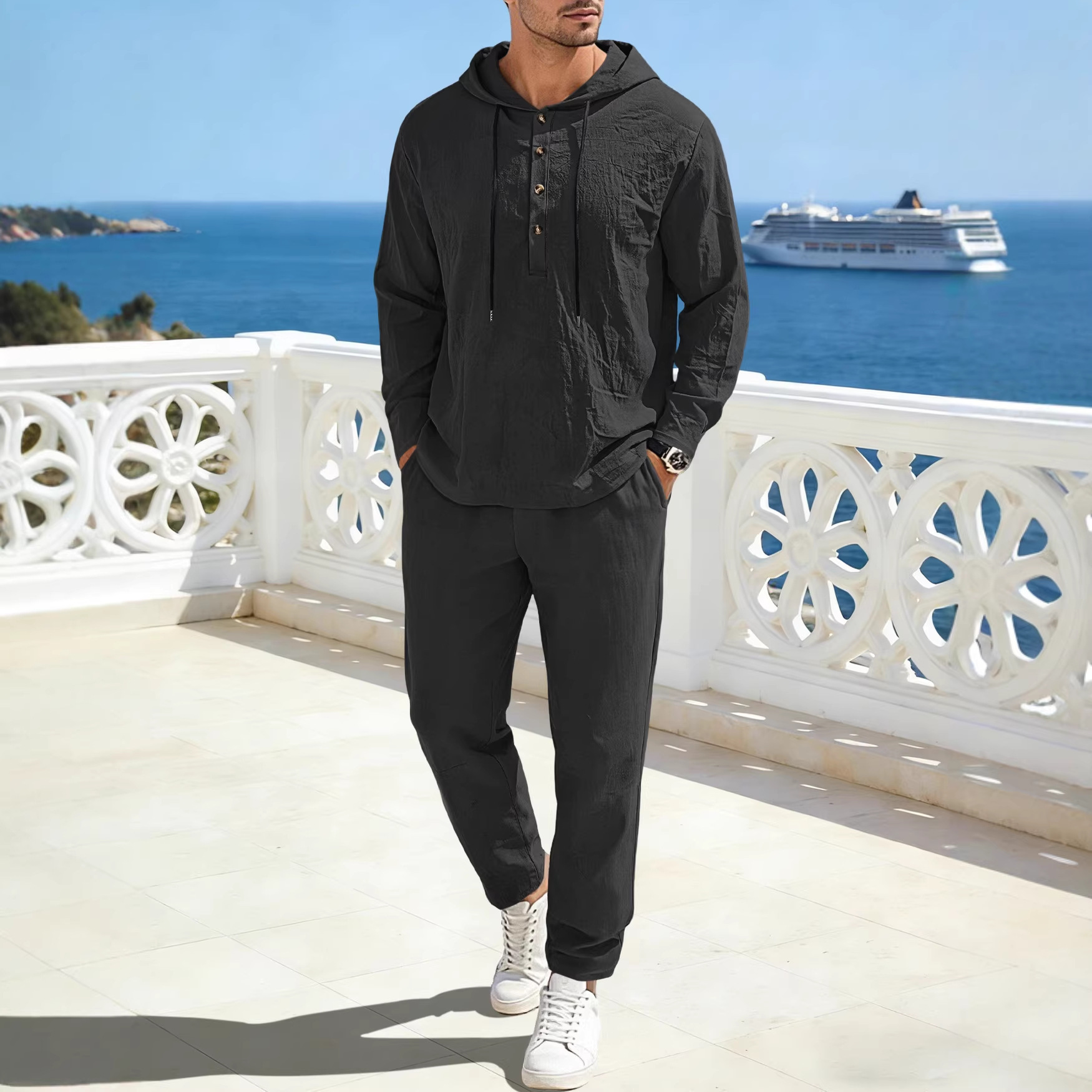 Men's Clothing Sets Two-Piece Outfits Men's New Pure Color Linen Hooded Drawstring Long Sleeve Long Pants Casual Loose Set