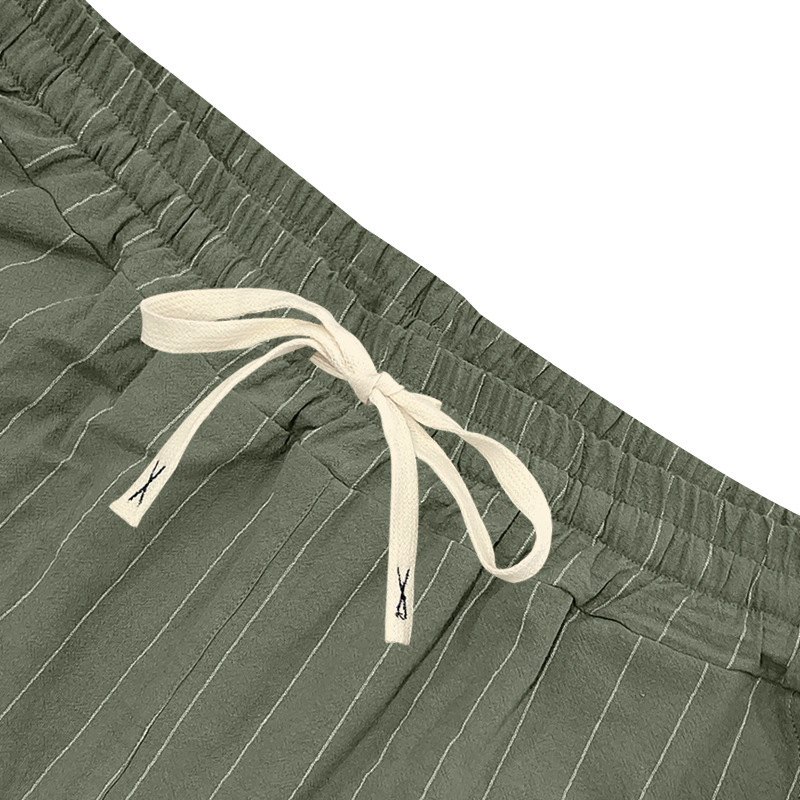 Summer Men's Striped Solid-Color Drawstring Elastic Waist Straight Casual Mid-length Pants Shorts for Men