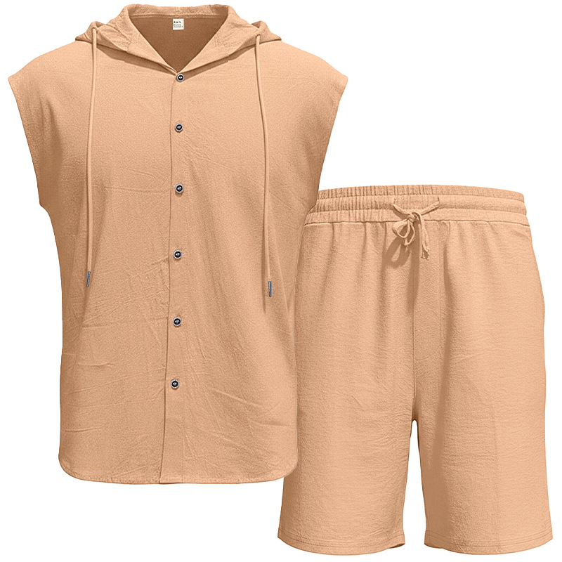 Men's Clothing Clothing Sets Two-Piece Outfits Men's Linen Hooded Sleeveless Solid Color Button Placket Large Loose Breathable Summer Sports Set