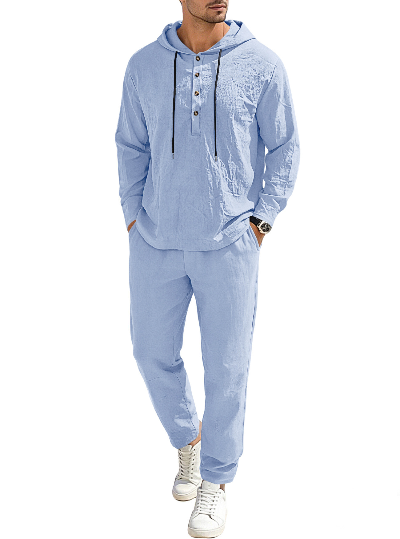Men's Clothing Sets Two-Piece Outfits Men's New Pure Color Linen Hooded Drawstring Long Sleeve Long Pants Casual Loose Set