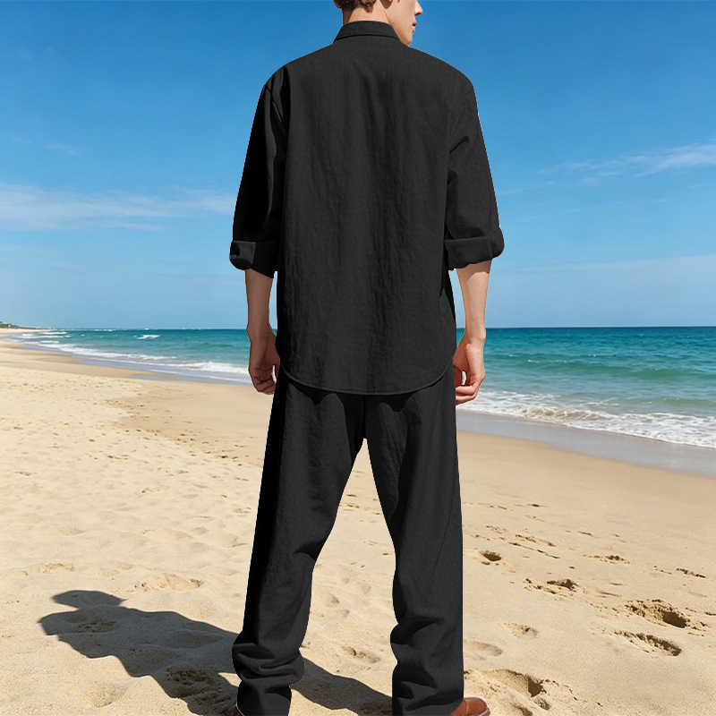 Men's Clothing Sets Two-Piece Outfits Men's Linen Stand-Up Collar Loose Breathable Shirt Pants Set for Casual Commuting