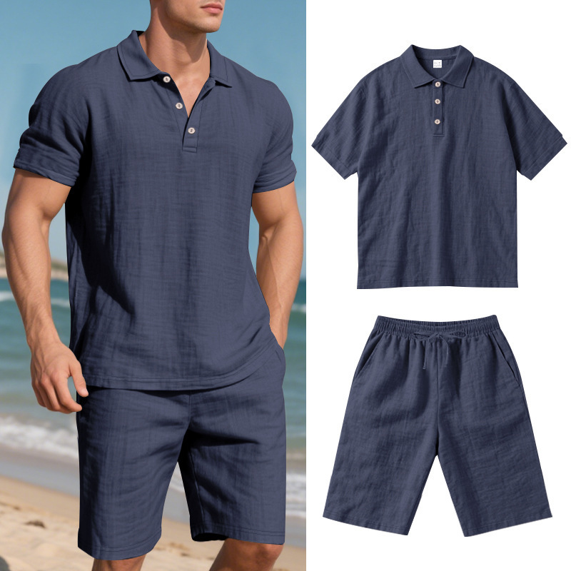 Men's Clothing Sets Two-Piece Outfits Summer Men's Loose Casual Linen Breathable Polo Shirt Short Sleeved Beach Shorts Set