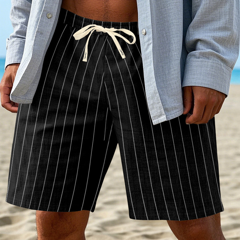 Summer Men's Striped Solid-Color Drawstring Elastic Waist Straight Casual Mid-length Pants Shorts for Men