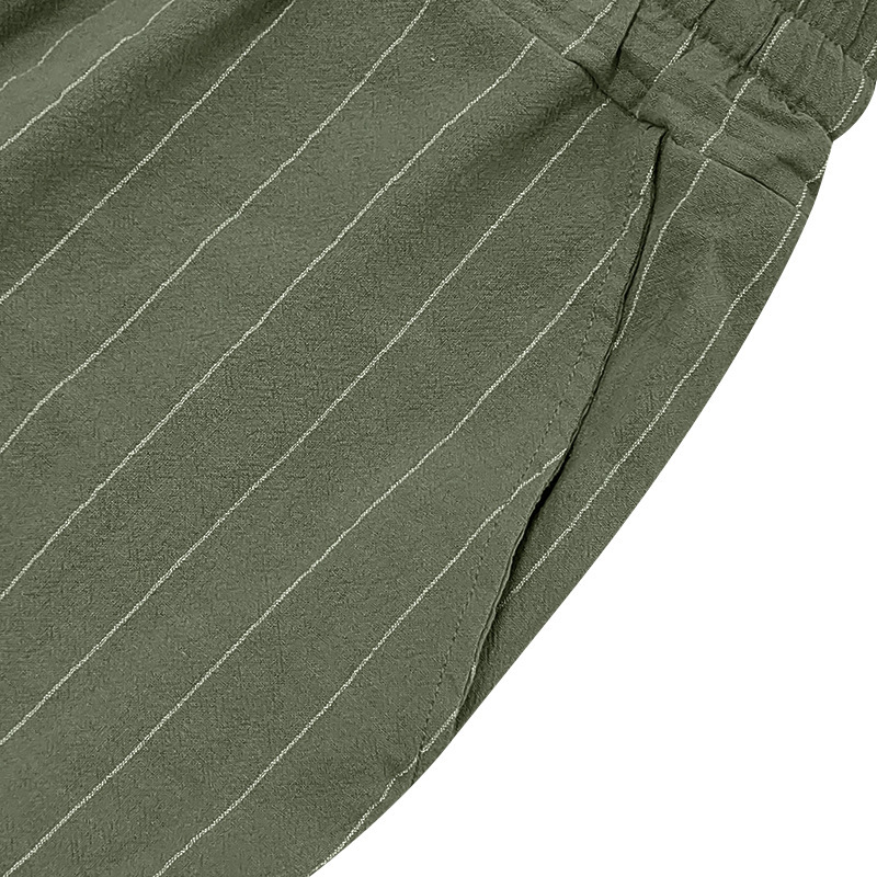 Summer Men's Striped Solid-Color Drawstring Elastic Waist Straight Casual Mid-length Pants Shorts for Men