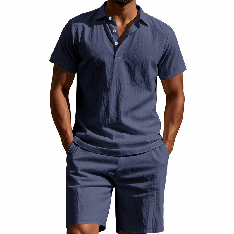 Men's Clothing Sets Two-Piece Outfits Summer Men's Loose Casual Linen Breathable Polo Shirt Short Sleeved Beach Shorts Set
