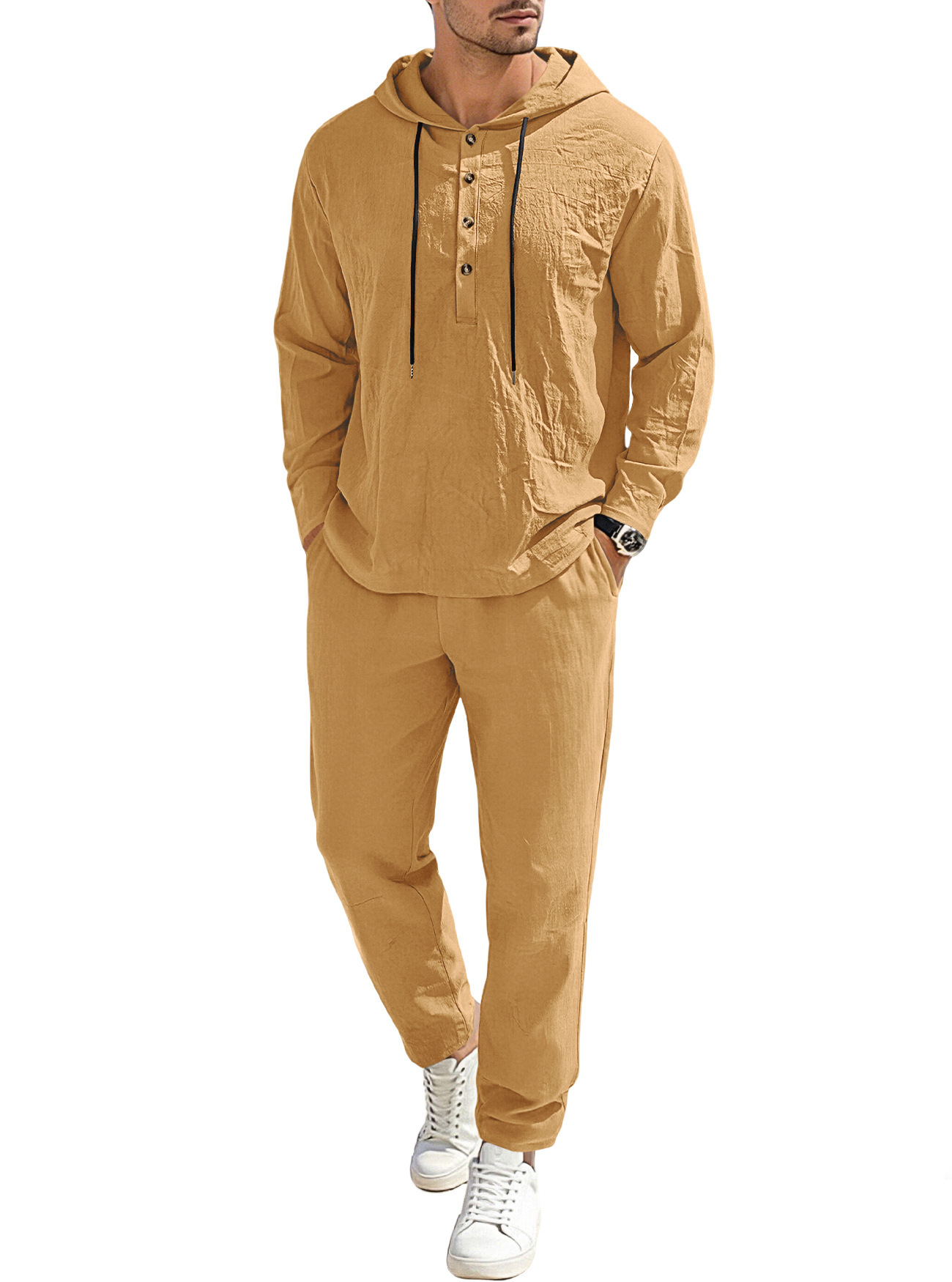 Men's Clothing Sets Two-Piece Outfits Men's New Pure Color Linen Hooded Drawstring Long Sleeve Long Pants Casual Loose Set