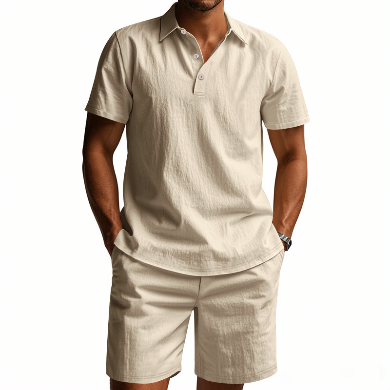 Men's Clothing Sets Two-Piece Outfits Summer Men's Loose Casual Linen Breathable Polo Shirt Short Sleeved Beach Shorts Set