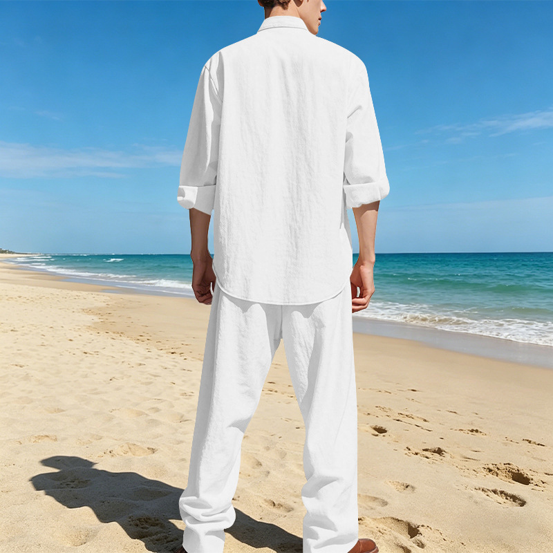 Men's Clothing Sets Two-Piece Outfits Men's Linen Stand-Up Collar Loose Breathable Shirt Pants Set for Casual Commuting