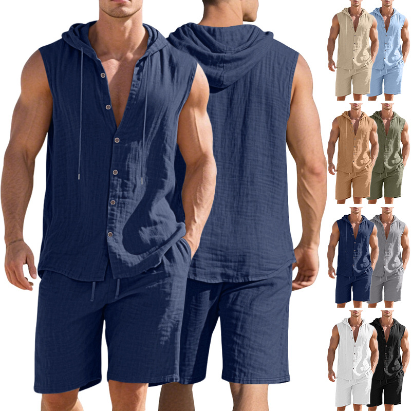 Men's Clothing Clothing Sets Two-Piece Outfits Men's Linen Hooded Sleeveless Solid Color Button Placket Large Loose Breathable Summer Sports Set