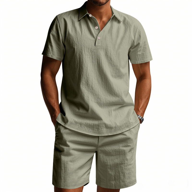 Men's Clothing Sets Two-Piece Outfits Summer Men's Loose Casual Linen Breathable Polo Shirt Short Sleeved Beach Shorts Set
