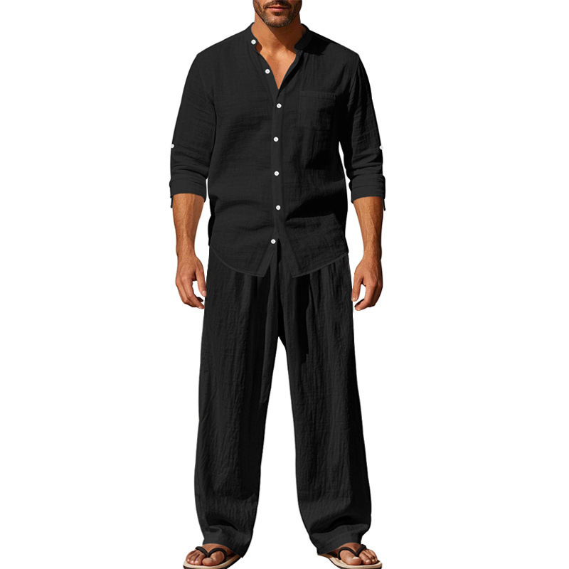 Men's Clothing Sets Two-Piece Outfits Men's Linen Stand-Up Collar Loose Breathable Shirt Pants Set for Casual Commuting