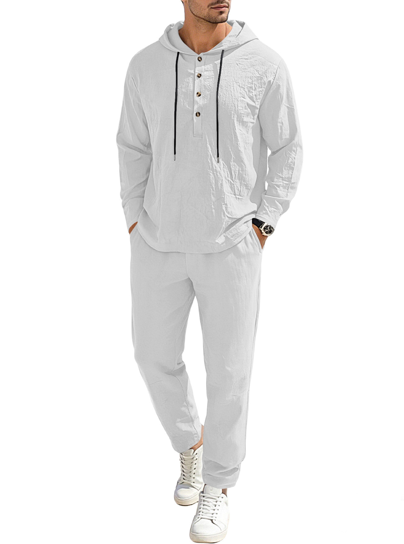 Men's Clothing Sets Two-Piece Outfits Men's New Pure Color Linen Hooded Drawstring Long Sleeve Long Pants Casual Loose Set