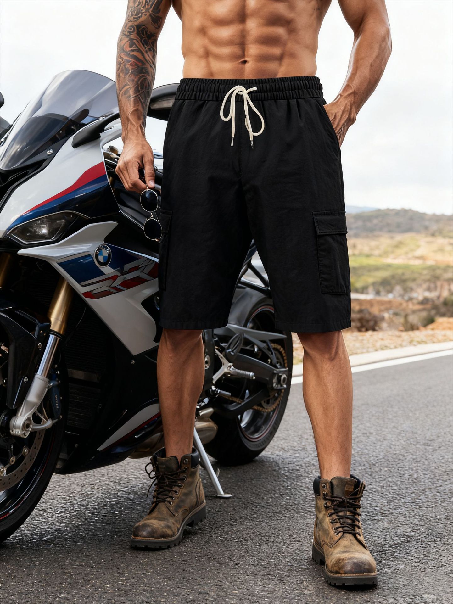 American Style Workwear Shorts Summer Casual Versatile Multi-Pocket Drawstring Breathable Comfortable Men's Shorts