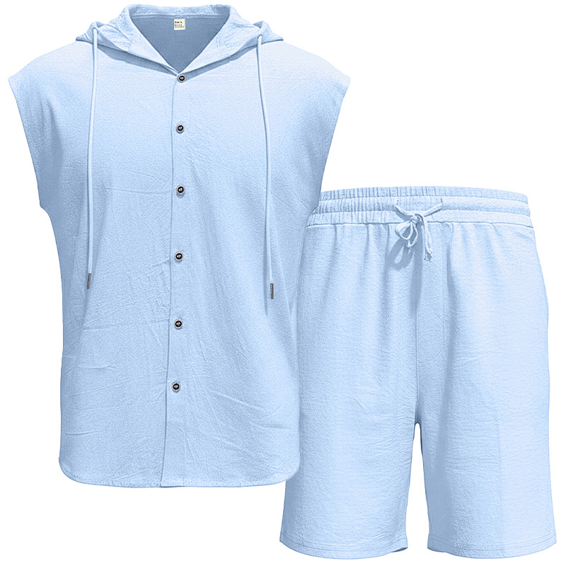 Men's Clothing Clothing Sets Two-Piece Outfits Men's Linen Hooded Sleeveless Solid Color Button Placket Large Loose Breathable Summer Sports Set