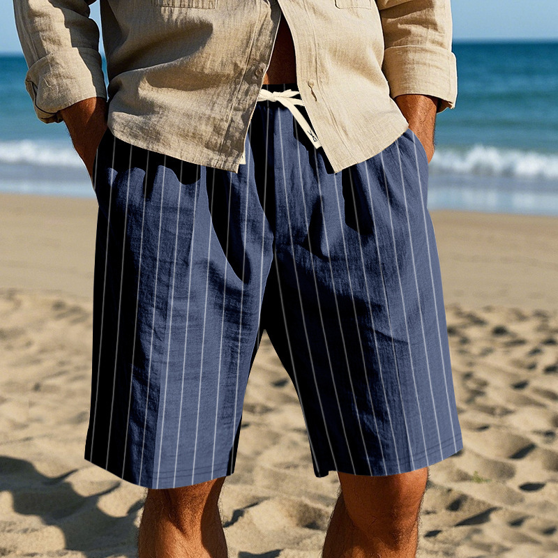 Summer Men's Striped Solid-Color Drawstring Elastic Waist Straight Casual Mid-length Pants Shorts for Men