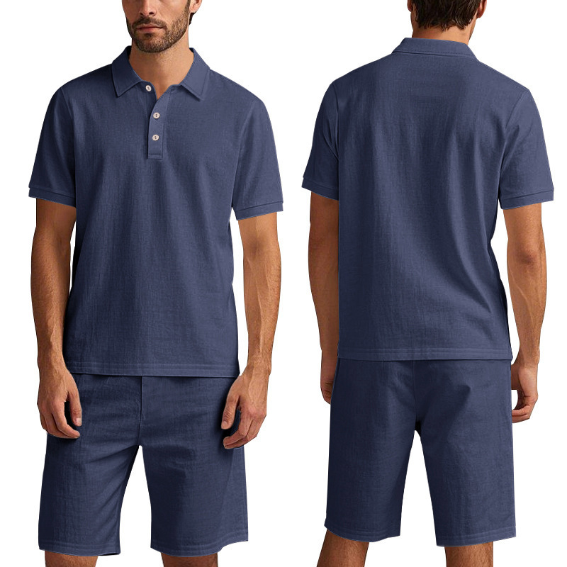 Men's Clothing Sets Two-Piece Outfits Summer Men's Loose Casual Linen Breathable Polo Shirt Short Sleeved Beach Shorts Set