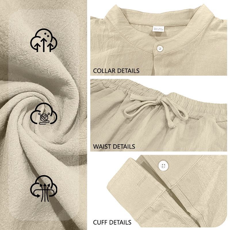 Men's Clothing Sets Two-Piece Outfits Men's Linen Stand-Up Collar Loose Breathable Shirt Pants Set for Casual Commuting