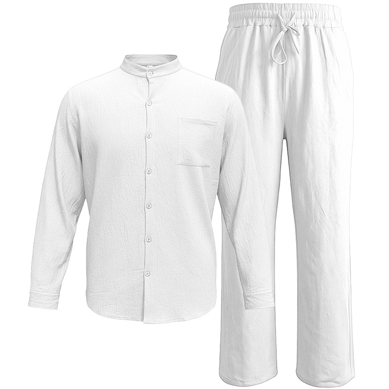 Men's Clothing Sets Two-Piece Outfits Men's Linen Stand-Up Collar Loose Breathable Shirt Pants Set for Casual Commuting
