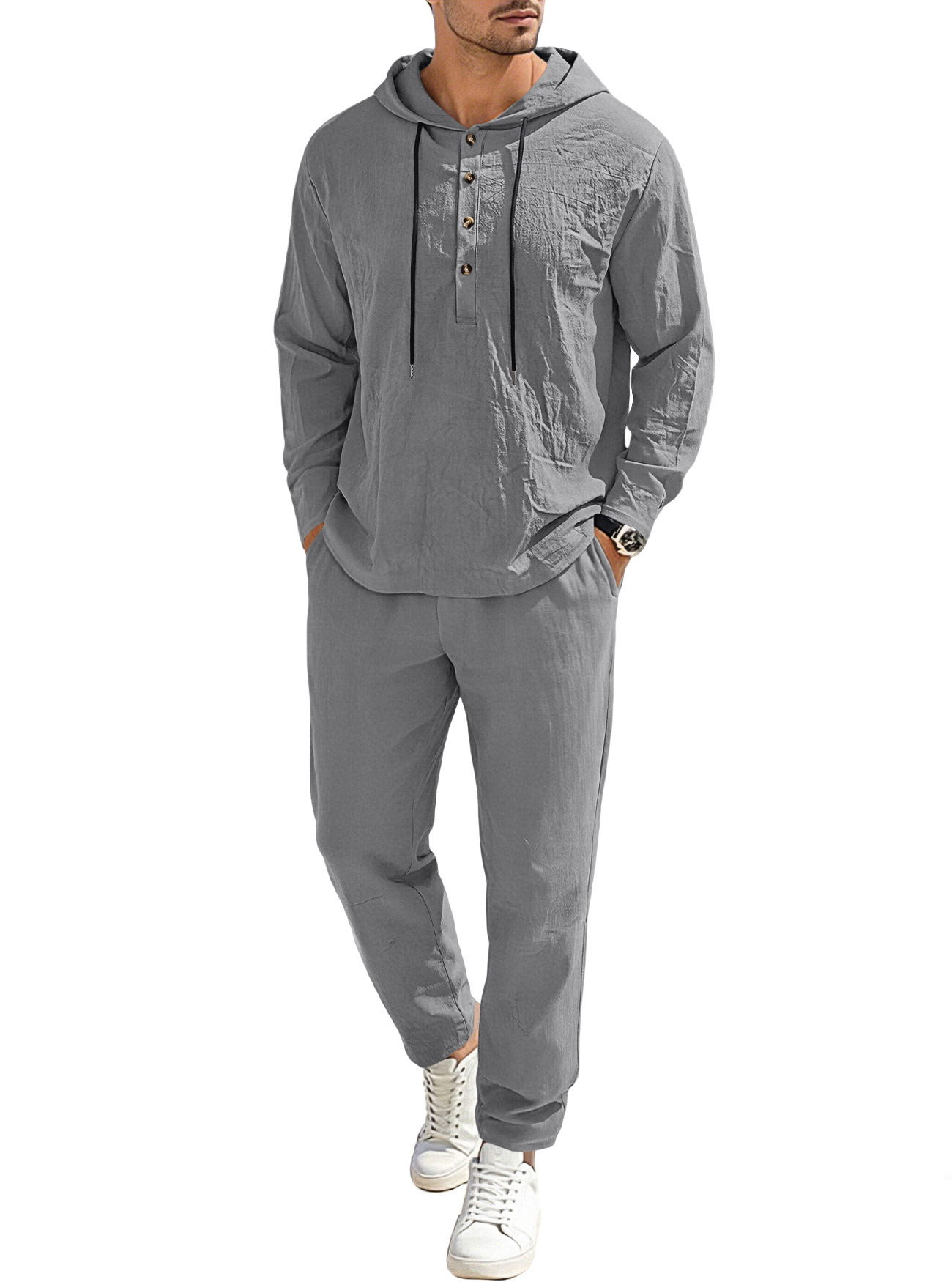 Men's Clothing Sets Two-Piece Outfits Men's New Pure Color Linen Hooded Drawstring Long Sleeve Long Pants Casual Loose Set