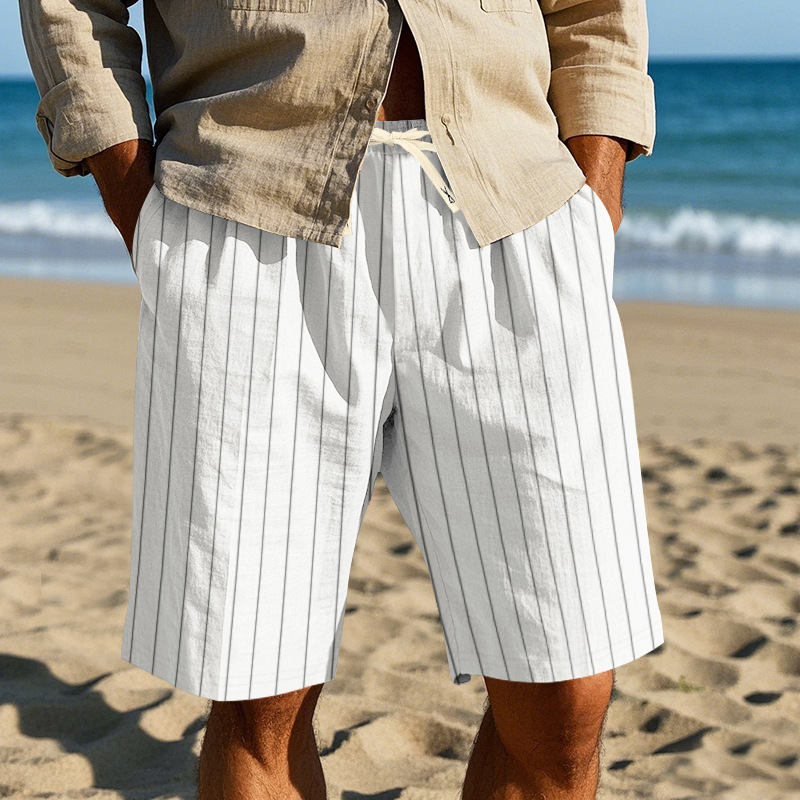 Summer Men's Striped Solid-Color Drawstring Elastic Waist Straight Casual Mid-length Pants Shorts for Men