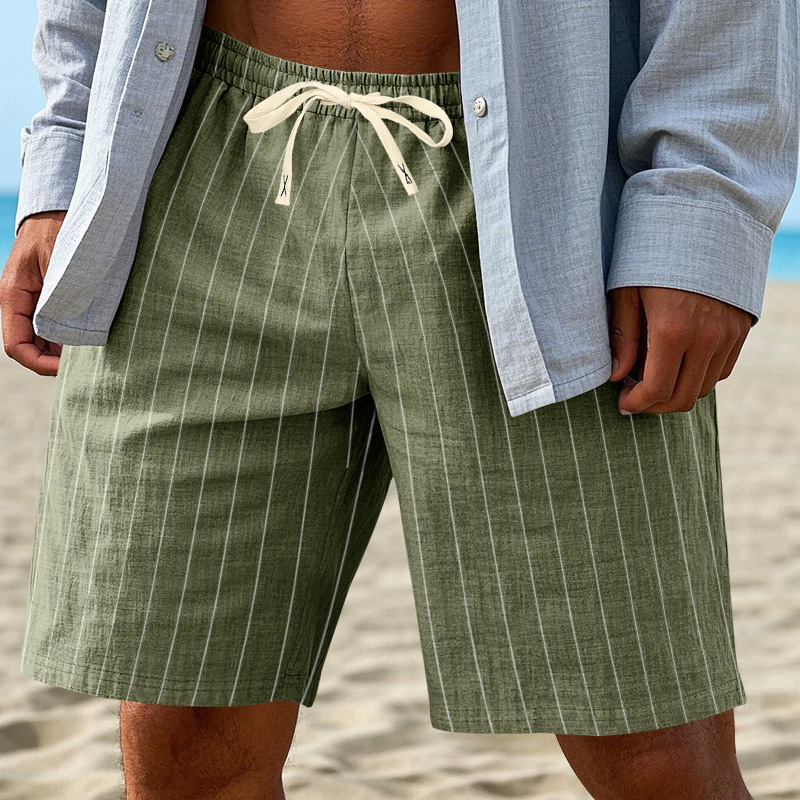 Summer Men's Striped Solid-Color Drawstring Elastic Waist Straight Casual Mid-length Pants Shorts for Men