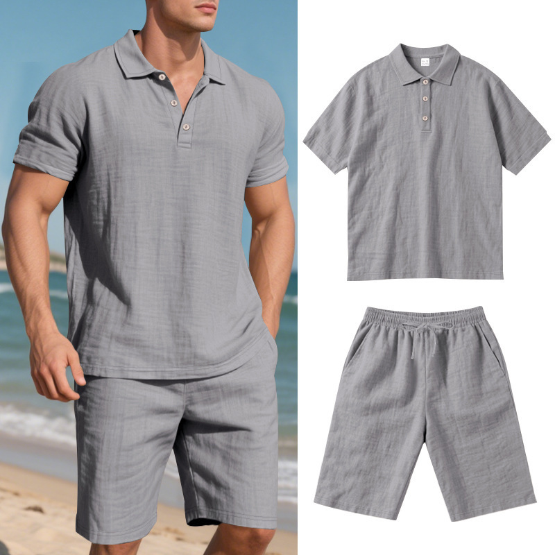 Men's Clothing Sets Two-Piece Outfits Summer Men's Loose Casual Linen Breathable Polo Shirt Short Sleeved Beach Shorts Set