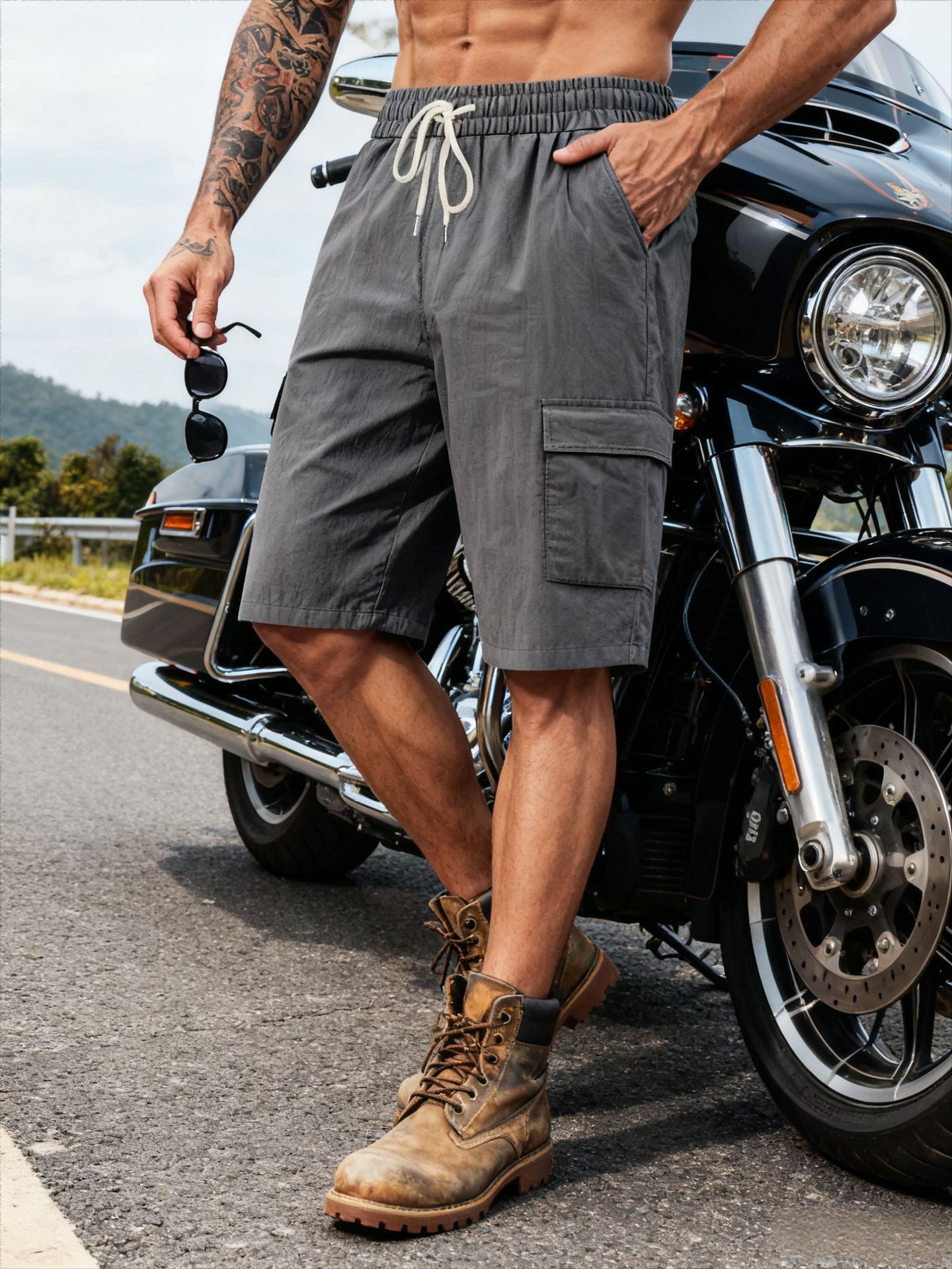 American Style Workwear Shorts Summer Casual Versatile Multi-Pocket Drawstring Breathable Comfortable Men's Shorts