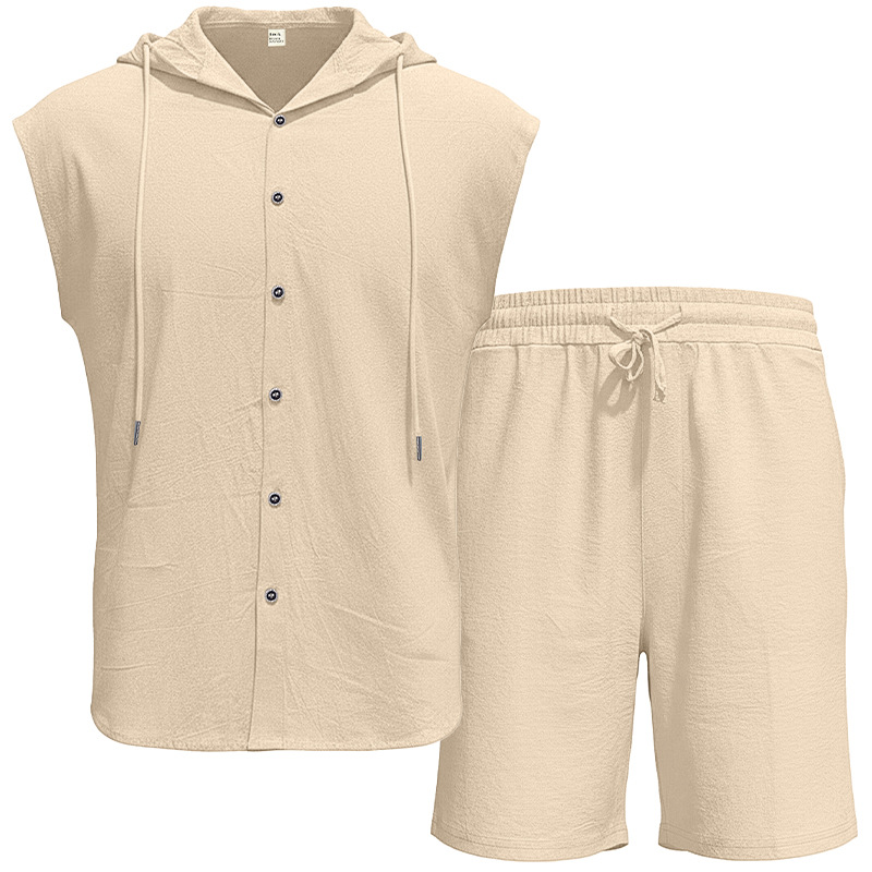 Men's Clothing Clothing Sets Two-Piece Outfits Men's Linen Hooded Sleeveless Solid Color Button Placket Large Loose Breathable Summer Sports Set
