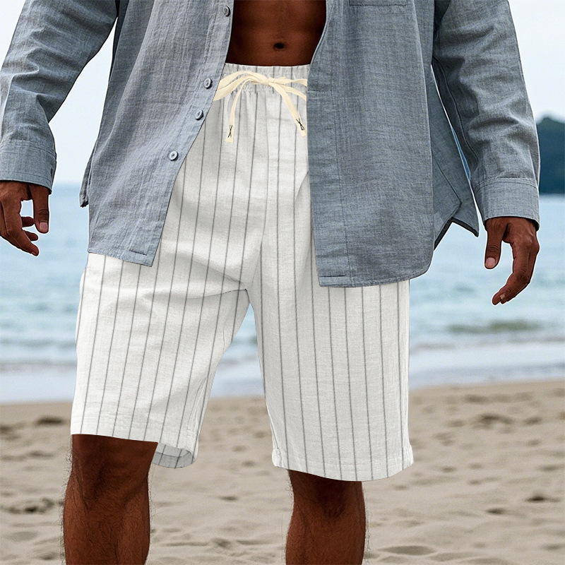 Summer Men's Striped Solid-Color Drawstring Elastic Waist Straight Casual Mid-length Pants Shorts for Men