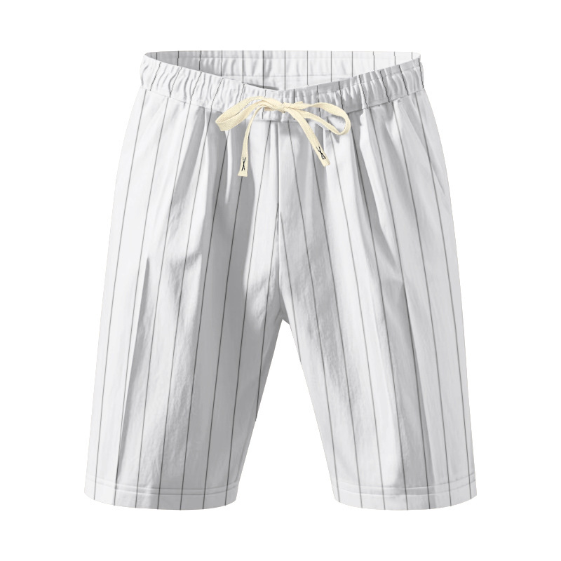 Summer Men's Striped Solid-Color Drawstring Elastic Waist Straight Casual Mid-length Pants Shorts for Men