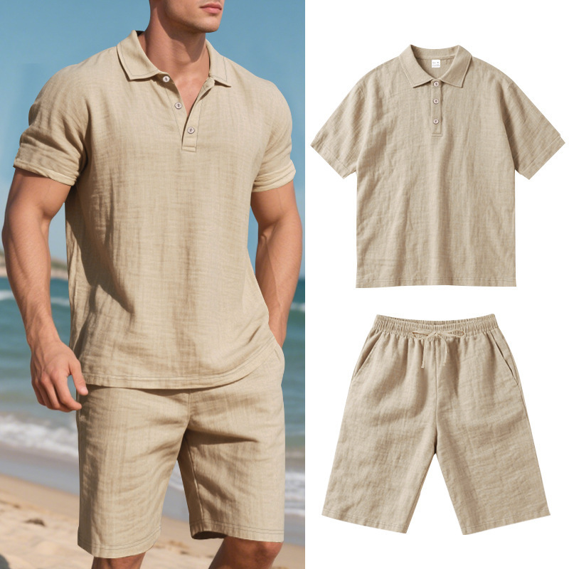 Men's Clothing Sets Two-Piece Outfits Summer Men's Loose Casual Linen Breathable Polo Shirt Short Sleeved Beach Shorts Set