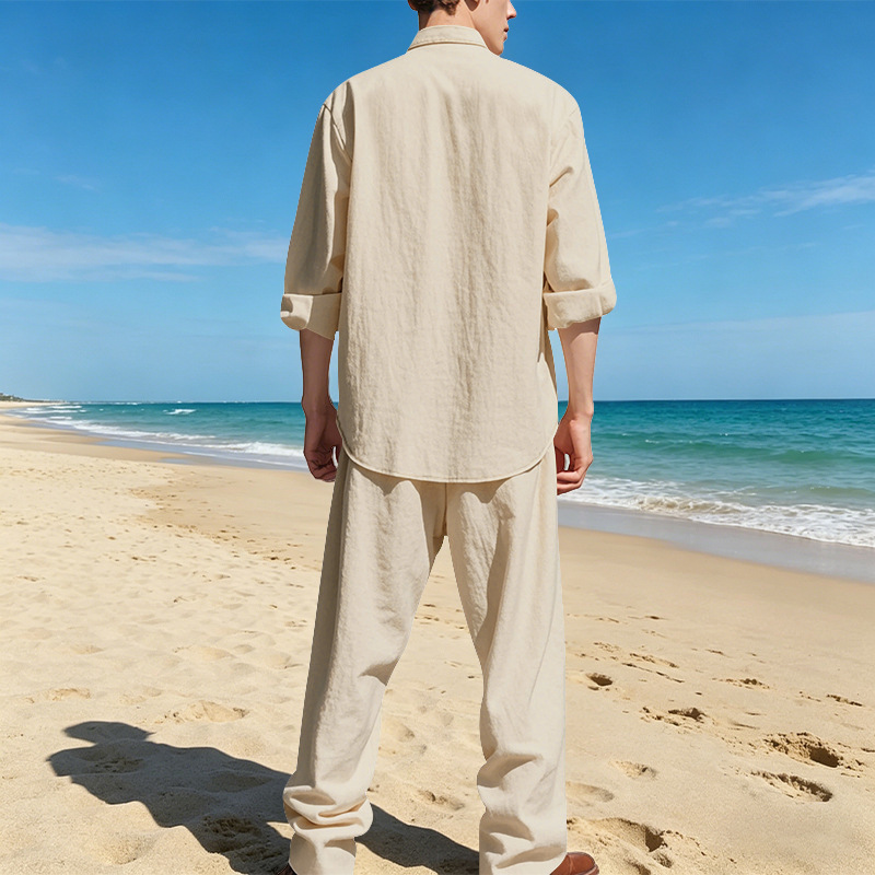Men's Clothing Sets Two-Piece Outfits Men's Linen Stand-Up Collar Loose Breathable Shirt Pants Set for Casual Commuting