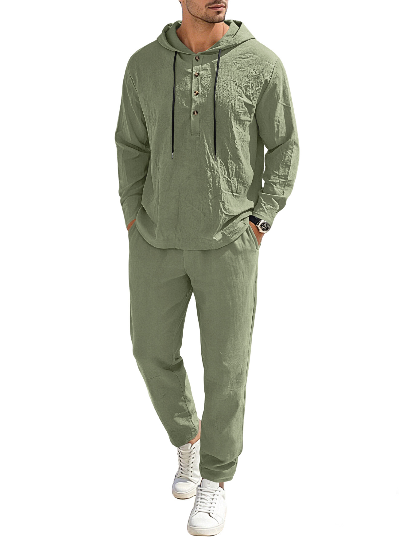 Men's Clothing Sets Two-Piece Outfits Men's New Pure Color Linen Hooded Drawstring Long Sleeve Long Pants Casual Loose Set