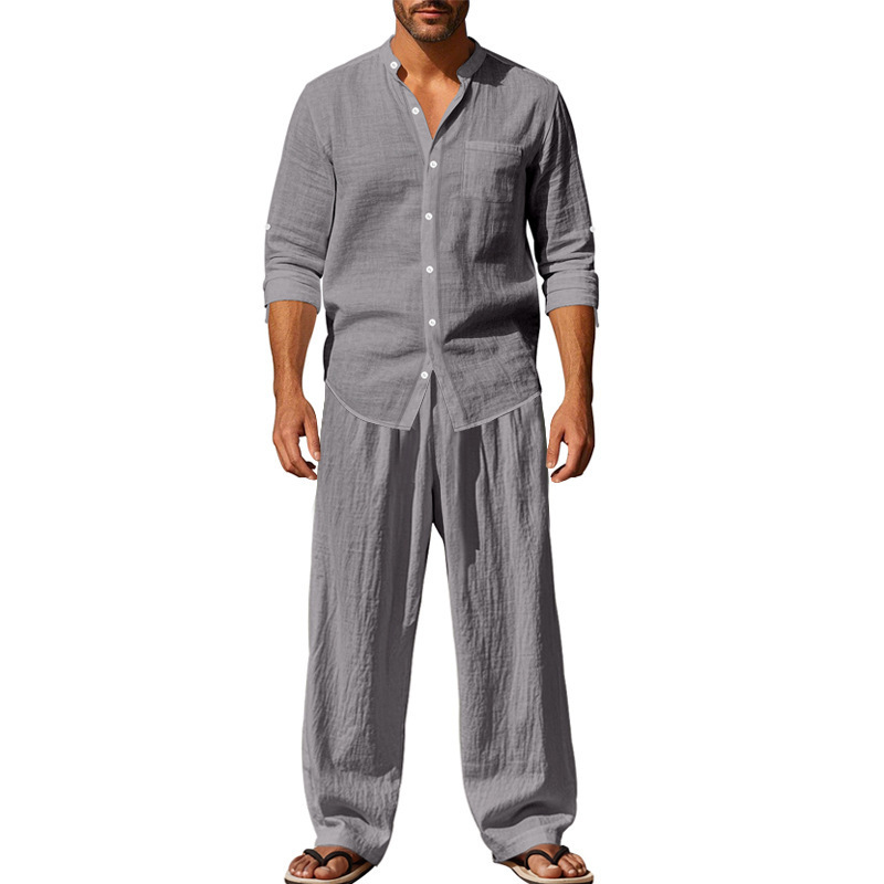 Men's Clothing Sets Two-Piece Outfits Men's Linen Stand-Up Collar Loose Breathable Shirt Pants Set for Casual Commuting